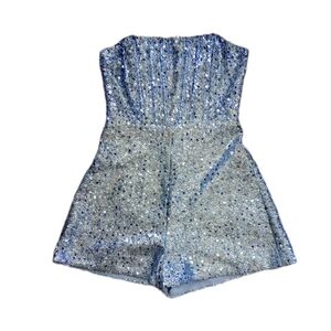 Selfie Leslie VIVID DREAMS STRAPLESS SILVER SEQUIN SHORT ROMPER SZ- XS
